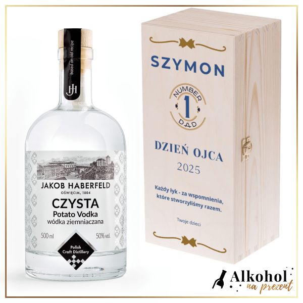 TATA NUMER 1 WÓDKA JAKOB HABERFELD CZYSTA 0.5L W SKRZYNCE Z NADRUKIEM - UPOMINEK NA DZIEŃ TATY