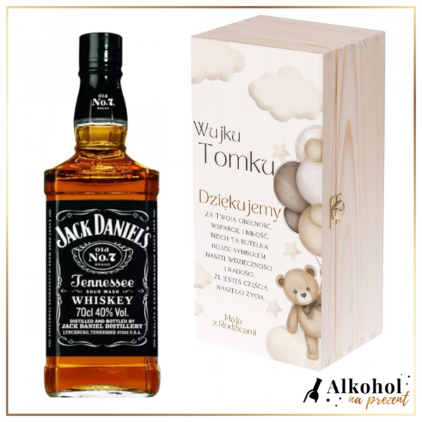 DZIĘKUJEMY WUJKU WHISKEY JACK DANIEL'S OLD NO.7 W SKRZYNCE Z NADRUKIEM - PREZENT DLA CHRZESTNEGO