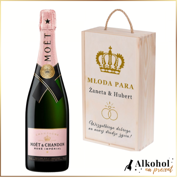 MŁODA PARA SZAMPAN MOËT & CHANDON ROSE IMPERIAL W DREWNIANEJ SKRZYNCE Z WŁASNYM NAPISEM