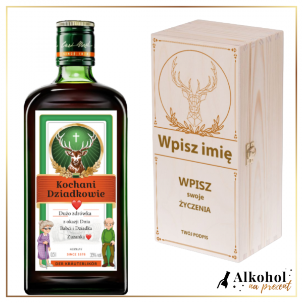 KOCHANI DZIADKOWIE JAGERMEISTER W SKRZYNCE Z NADRUKIEM - PREZENT NA DZIEŃ DZIADKÓW