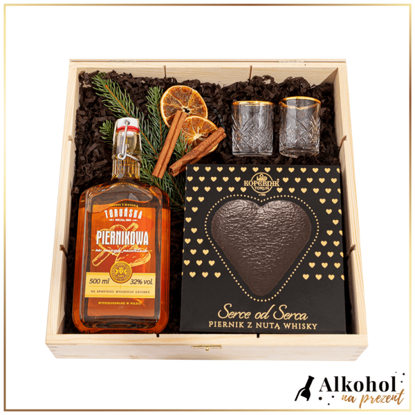 ŚWIĄTECZNY ZESTAW WÓDKA TORUŃSKA PIERNIKOWA W DUŻEJ SKRZYNCE Z ŻYCZENIAMI - ZESTAW NA BOŻE NARODZENIE