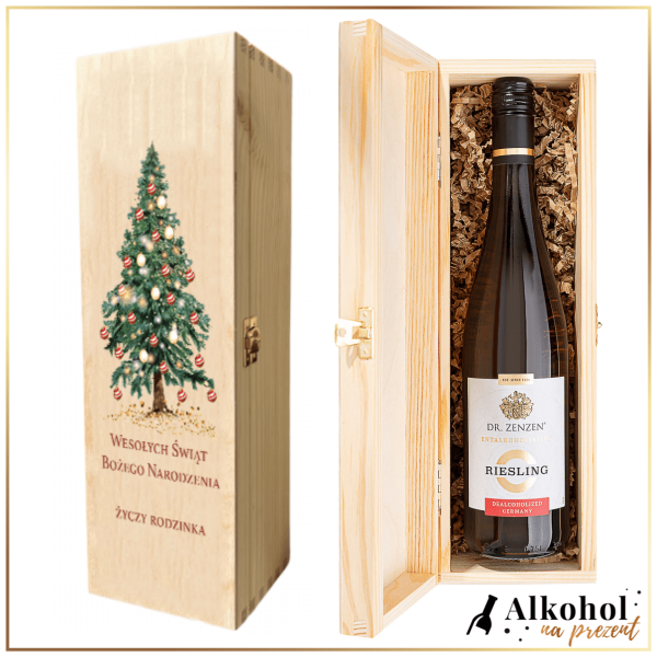 WINO BEZALKOHOLOWE DR ZENZEN RIESLING W ŚWIĄTECZNEJ SKRZYNCE Z NADRUKIEM - PREZENT NA BOŻE NARODZENIE