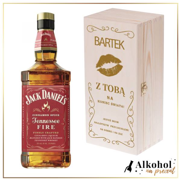 USTA-NAJLEPSZY FACET NA ŚWIECIE JACK DANIEL'S FIRE W DREWNIANEJ SKRZYNCE Z NADRUKIEM
