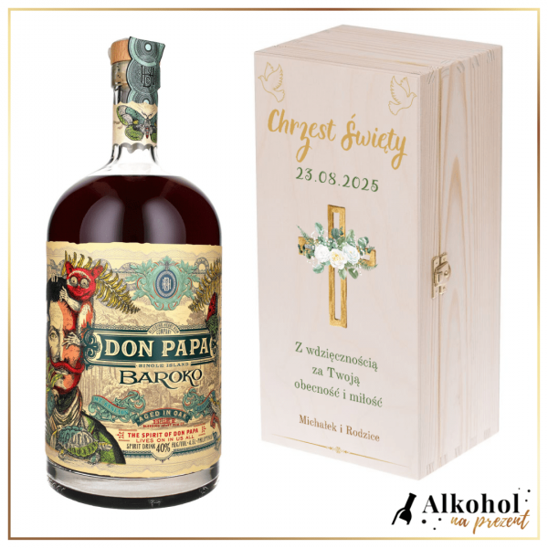 CHRZEST ŚWIĘTY RUM DON PAPA BAROKO 0.7L W DREWNIANEJ SKRZYNCE Z NADRUKIEM - PREZENT DLA CHRZESTNYCH