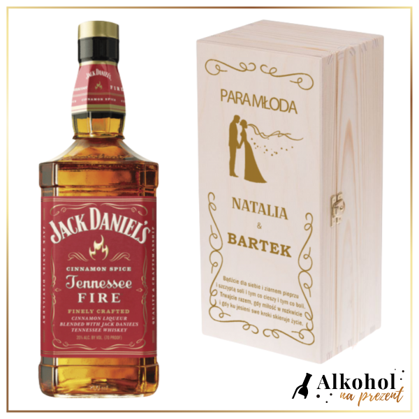 ŚLUBNY JACK DANIEL'S FIRE PREZENT DLA PARY MŁODEJ W DREWNIANEJ SKRZYNCE
