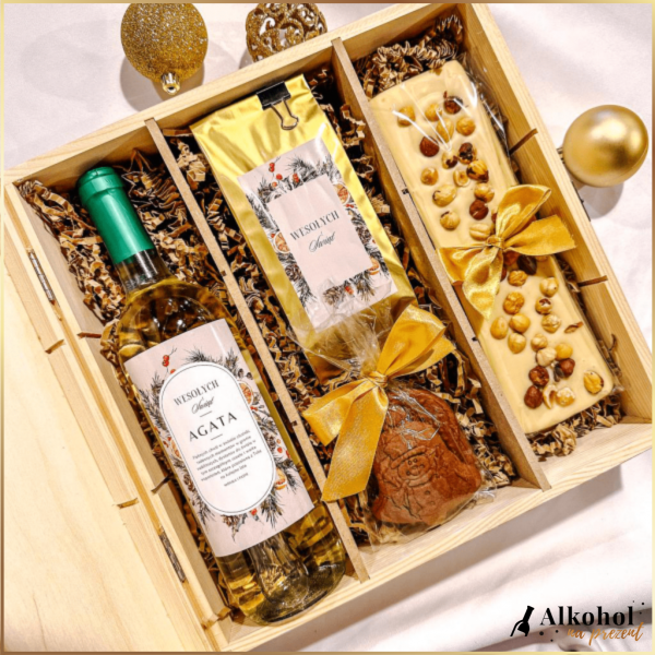 ŚWIĄTECZNY WIENIEC ZESTAW WINO CZERWONE Z KAWĄ I SŁODYCZAMI W SKRZYNCE - PREZENT NA BOŻE NARODZENIE