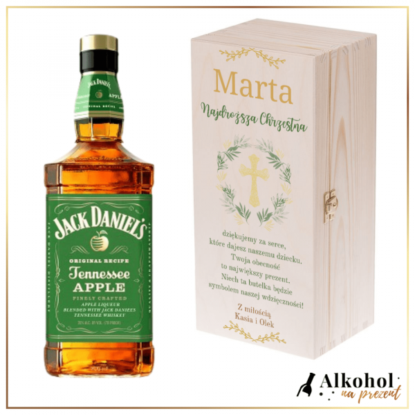 PAMIĄTKA CHRZTU ŚWIĘTEGO WHISKEY JACK DANIEL'S APPLE W SKRZYNCE Z NADRUKIEM - PREZENT DLA CHRZESTNYCH