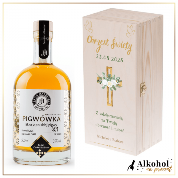 CHRZEST ŚWIĘTY LIKIER JAKOB HABERFELD PIGWÓWKA W SKRZYNCE Z NADRUKIEM - PREZENT DLA CHRZESTNYCH