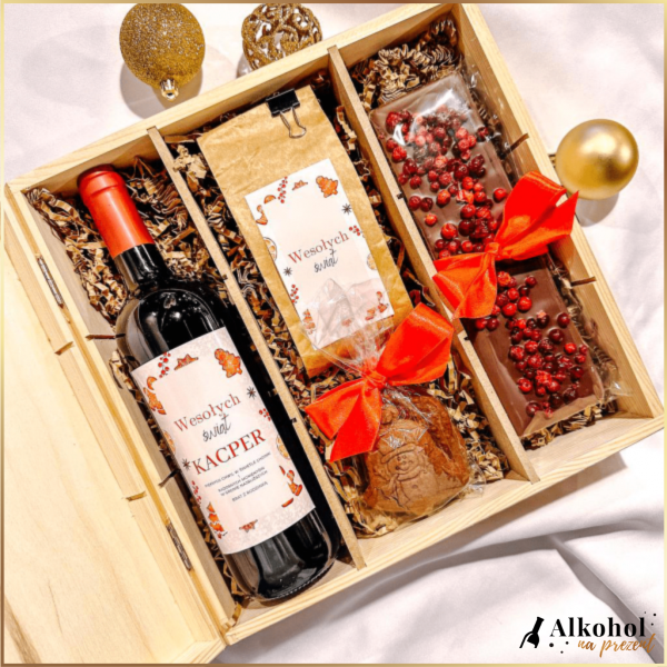 PIERNIKI ZESTAW WINO CZERWONE Z KAWĄ I SŁODYCZAMI W SKRZYNCE - PREZENT NA BOŻE NARODZENIE