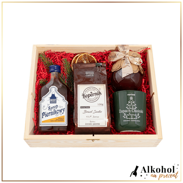 ŚWIĄTECZNY ZESTAW SYROP PIERNIKOWY ZE ŚWIECZKĄ W SKRZYNCE Z ŻYCZENIAMI - PREZENT NA ŚWIĘTA BOŻEGO NARODZENIA