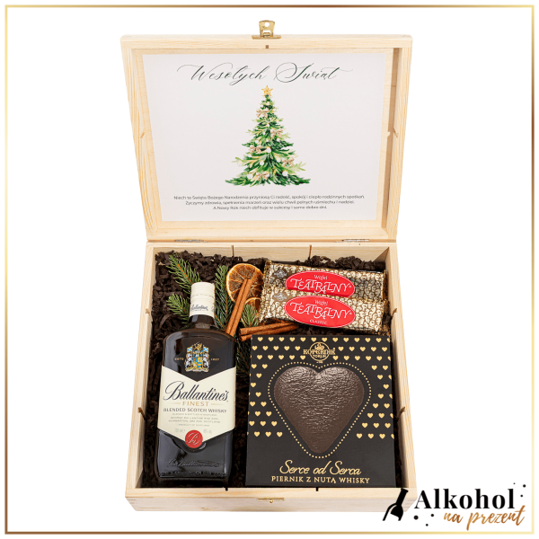 ŚWIĄTECZNY ZESTAW WHISKY BALLANTINE'S FINEST W DUŻEJ SKRZYNCE Z ŻYCZENIAMI - ZESTAW NA BOŻE NARODZENIE