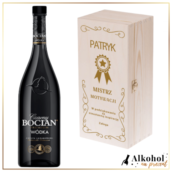 MISTRZ MOTYWACJI BOCIAN CZARNY W SKRZYNCE Z NADRUKIEM - PREZENT DLA SZEFA