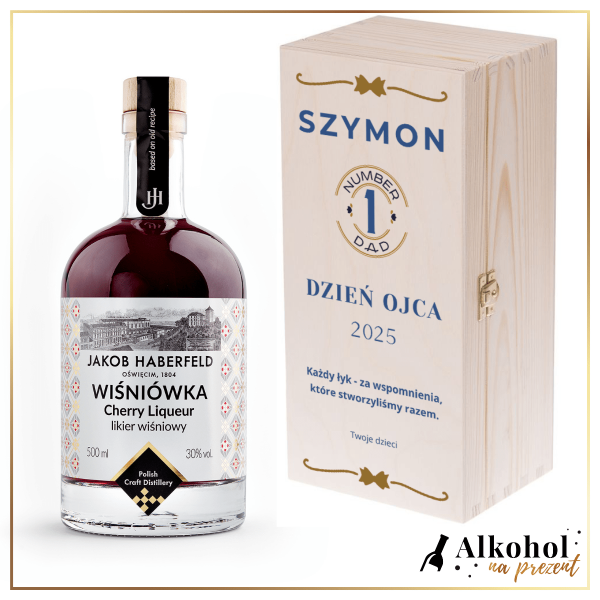 TATA NUMER 1 LIKIER JAKOB HABERFELD WIŚNIÓWKA 0.5L W SKRZYNCE Z NADRUKIEM - PREZENT NA DZIEŃ TATY