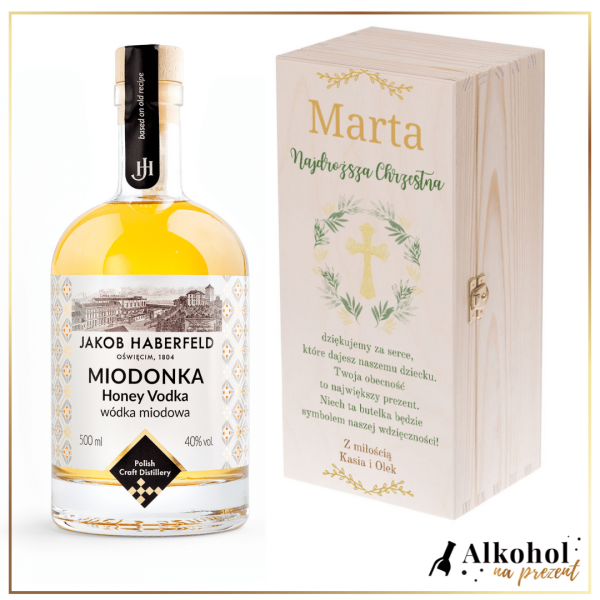 PAMIĄTKA CHRZTU ŚWIĘTEGO WÓDKA JAKOB HABERFELD MIODONKA W SKRZYNCE Z NADRUKIEM - PREZENT DLA CHRZESTNYCH