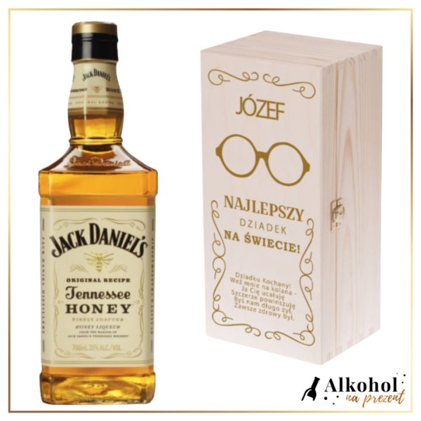 JACK DANIEL'S HONEY W DREWNIANEJ SKRZYNCE Z WŁASNYM TEKSTEM NAJLEPSZY DZIADEK NA ŚWIECIE