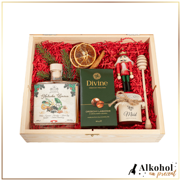 ŚWIĄTECZNY ZESTAW NALEWKA ZIMOWA W SKRZYNCE Z ŻYCZENIAMI - ZESTAW PREZENTOWY NA BOŻE NARODZENIE
