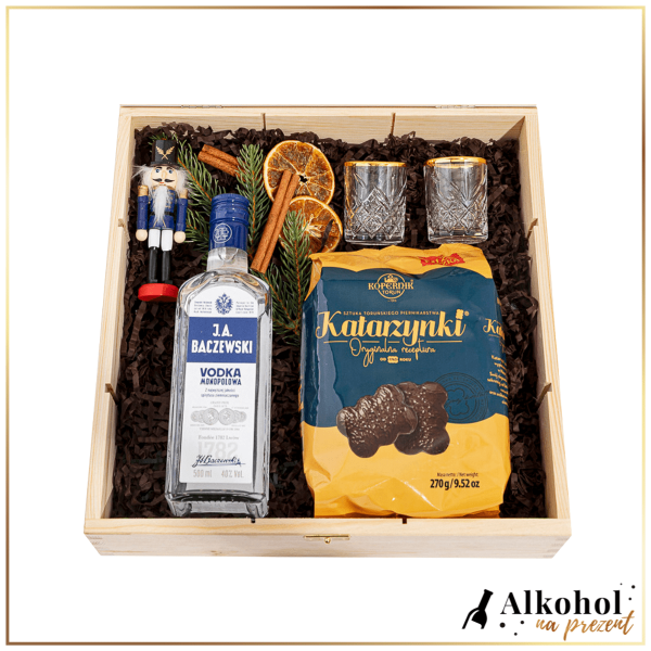 ŚWIĄTECZNY ZESTAW WÓDKA J.A. BACZEWSKI VODKA W DUŻEJ SKRZYNCE Z ŻYCZENIAMI - ZESTAW NA BOŻE NARODZENIE