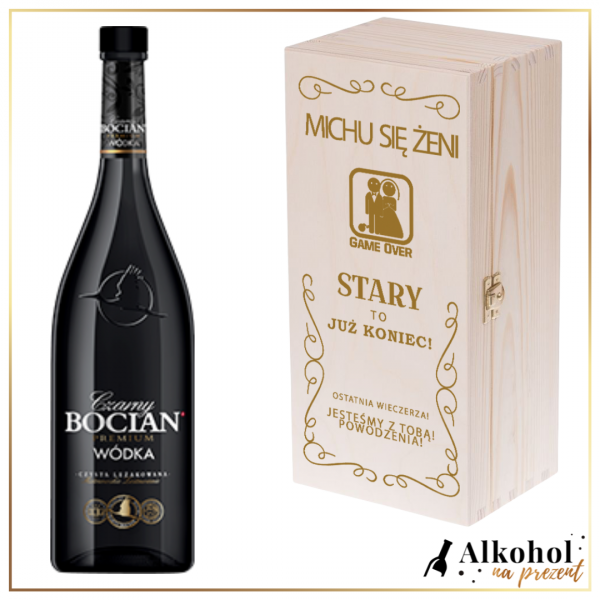 GAME OVER BOCIAN CZARNY W PERSONALIZOWANEJ DREWNIANEJ SKRZYNCE - PREZENT NA KAWALERSKI