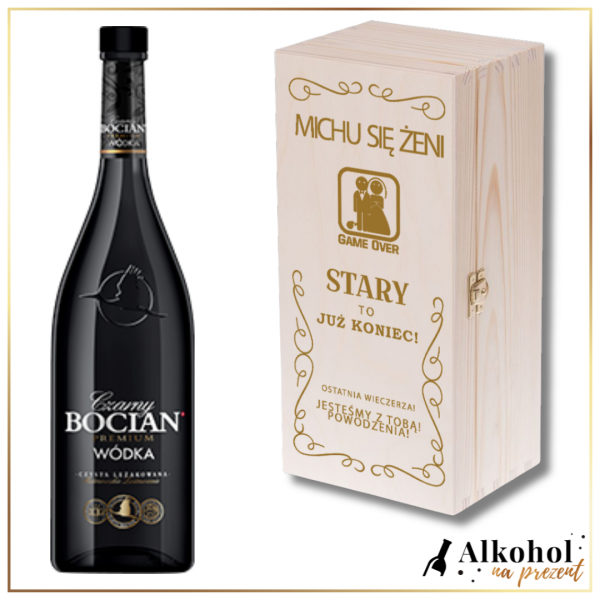 GAME OVER BOCIAN CZARNY W PERSONALIZOWANEJ DREWNIANEJ SKRZYNCE - PREZENT NA KAWALERSKI