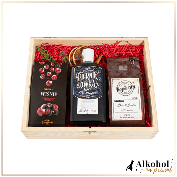 ŚWIĄTECZNY ZESTAW LIKIER PIERNIKÓWKA W SKRZYNCE Z ŻYCZENIAMI - ZESTAW NA BOŻE NARODZENIE