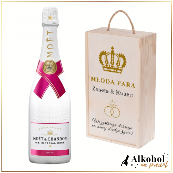 MŁODA PARA MOET ICE ROSE IMPERIAL W DREWNIANEJ SKRZYNCE Z TEKSTEM