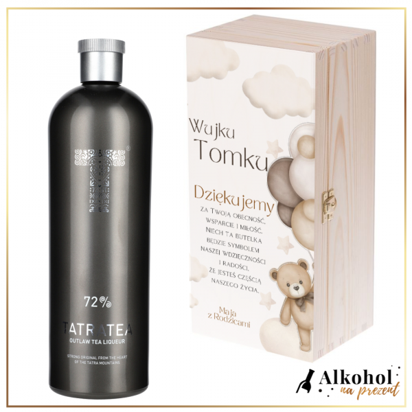 DZIĘKUJEMY WUJKU LIKIER TATRATEA OUTLAW W SKRZYNCE Z NADRUKIEM - PREZENT DLA CHRZESTNEGO