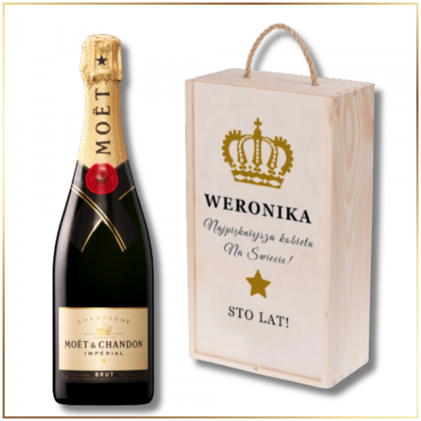 URODZINOWY SZAMPAN MOET & CHANDON BRUT IMPERIAL W DREWNIANEJ SKRZYNCE Z WŁASNYM TEKSTEM
