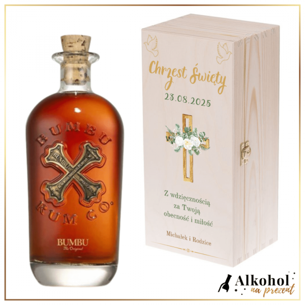 CHRZEST ŚWIĘTY RUM BUMBU THE ORIGINAL W SKRZYNCE Z NADRUKIEM - PREZENT DLA CHRZESTNYCH