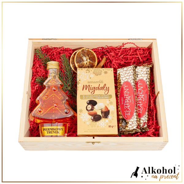 ŚWIĄTECZNY ZESTAW LIKIER PIERNIKOWY TRUNEK CHOINKA W SKRZYNCE Z ŻYCZENIAMI - ZESTAW PREZENTOWY NA ŚWIĘTA BOŻEGO NARODZENIA