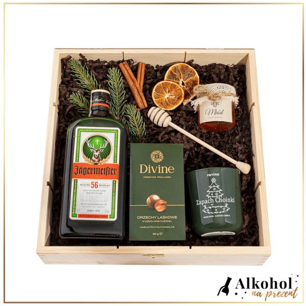 ŚWIĄTECZNY ZESTAW LIKIER JAGERMEISTER W DUŻEJ SKRZYNCE Z ŻYCZENIAMI - ZESTAW NA BOŻE NARODZENIE