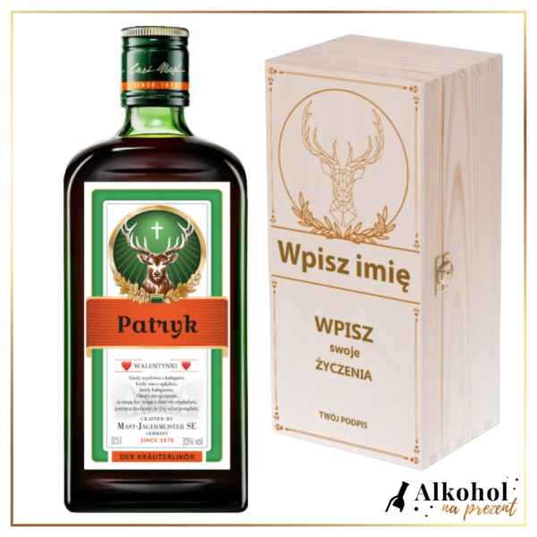 WALENTYNKOWY JAGERMEISTER W SKRZYNCE Z NADRUKIEM - PREZENT NA WALENTYNKI