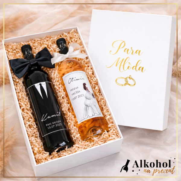 ŚLUBNY ZESTAW WINO CZERWONE & WINO BIAŁE - PREZENT NA ŚLUB