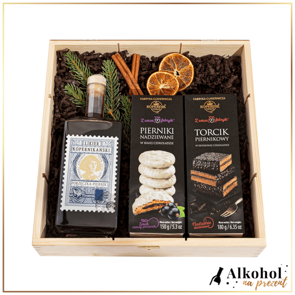 ŚWIĄTECZNY ZESTAW LIKIER KOPERNIKAŃSKI PORZECZKA-PIERNIK W DUŻEJ SKRZYNCE Z ŻYCZENIAMI - ZESTAW NA BOŻE NARODZENIE