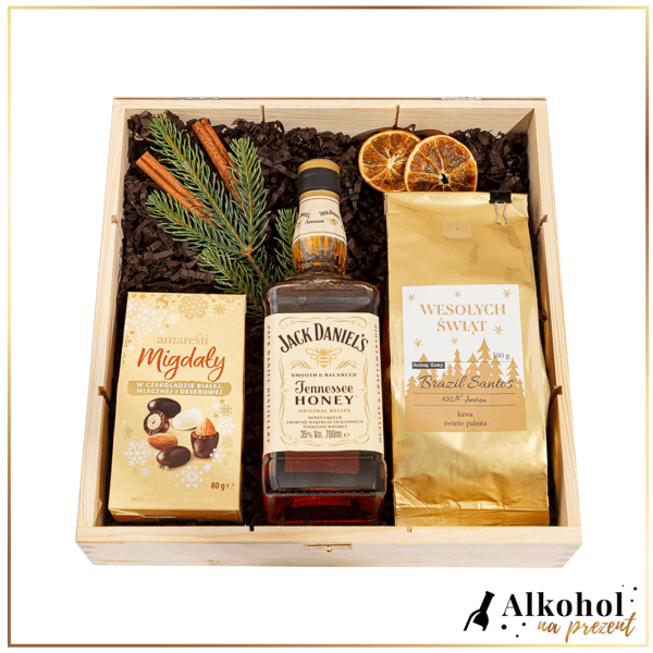 ŚWIĄTECZNY ZESTAW JACK DANIEL'S HONEY W DUŻEJ SKRZYNCE Z ŻYCZENIAMI - ZESTAW NA BOŻE NARODZENIE