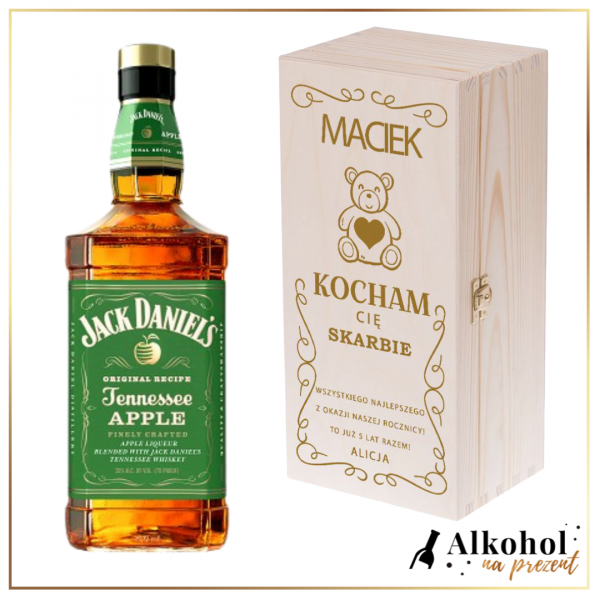 MIŚ WALENTYNKOWY JACK DANIEL'S APPLE + DREWNIANA SKRZYNKA Z WŁASNYM TEKSTEM