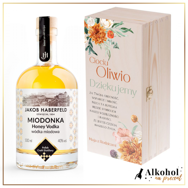 DZIĘKUJEMY CIOCIU WÓDKA JAKOB HABERFELD MIODONKA W SKRZYNCE Z NADRUKIEM - PREZENT DLA CHRZESTNYCH