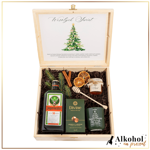 ŚWIĄTECZNY ZESTAW LIKIER JAGERMEISTER W DUŻEJ SKRZYNCE Z ŻYCZENIAMI - ZESTAW NA BOŻE NARODZENIE