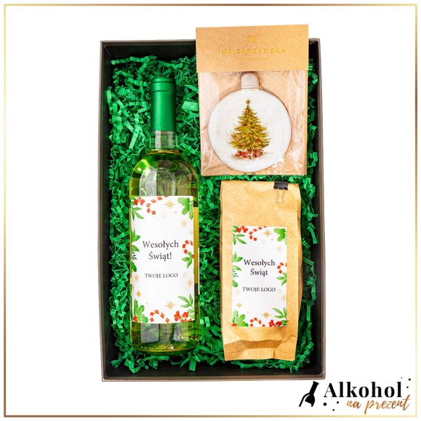 ŚWIĄTECZNY ZESTAW WINO BIAŁE Z KAWĄ - ZESTAW PREZENTOWY NA ŚWIĘTA BOŻEGO NARODZENIA