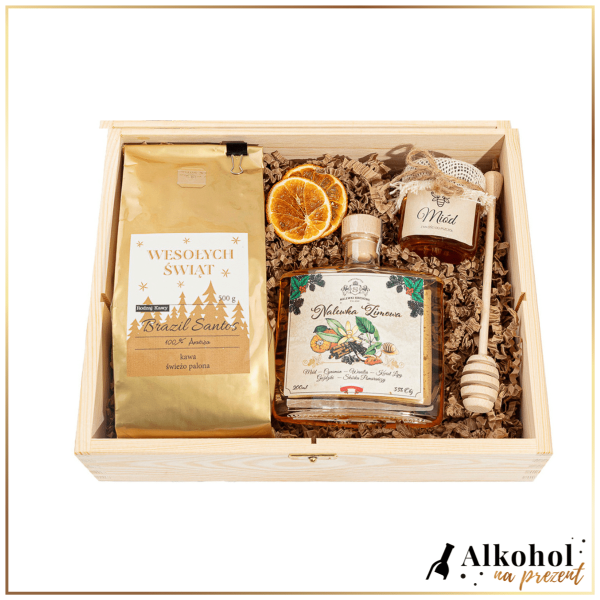 ŚWIĄTECZNY ZESTAW NALEWKA ZIMOWA W SKRZYNCE Z ŻYCZENIAMI - ZESTAW PREZENTOWY NA ŚWIĘTA BOŻEGO NARODZENIA