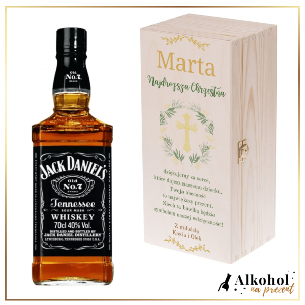 PAMIĄTKA CHRZTU ŚWIĘTEGO WHISKEY JACK DANIEL'S W SKRZYNCE Z NADRUKIEM - PREZENT DLA CHRZESTNYCH