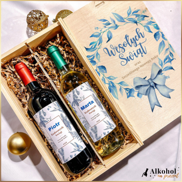 ŚNIEŻNE ŚWIĘTA ZESTAW WINO CZERWONE I WINO BIAŁE W SKRZYNCE Z NADRUKIEM - PREZENT NA BOŻE NARODZENIE