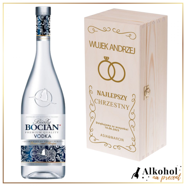 PODZIĘKOWANIA DLA CHRZESTNEGO BOCIAN BIAŁY W SKRZYNCE Z NADRUKIEM - PREZENT DLA CHRZESTNEGO