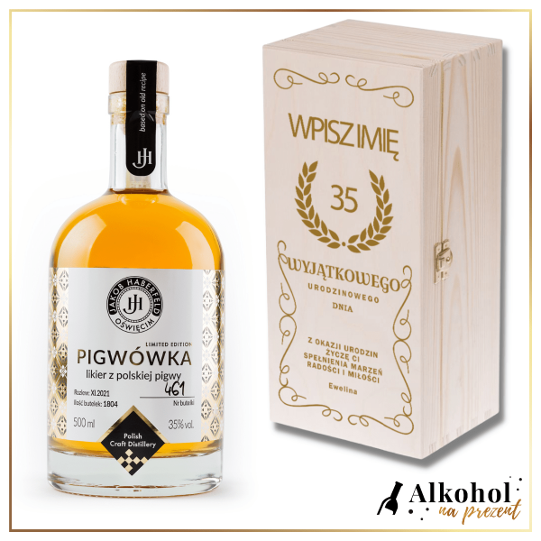 ŻEBY SIĘ MOGŁO URODZINOWY LIKIER JAKOB HABERFELD PIGWÓWKA 0.5L W SKRZYNCE Z NADRUKIEM - PREZENT NA URODZINY