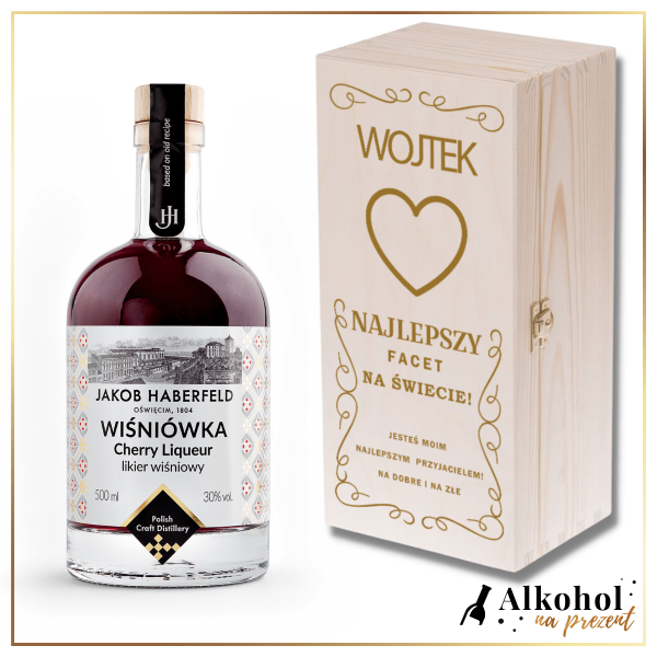 NAJLEPSZY FACET NA ŚWIECIE LIKIER JAKOB HABERFELD WIŚNIÓWKA 0.5L W SKRZYNCE Z NADRUKIEM - MIŁOSNY UPOMINEK