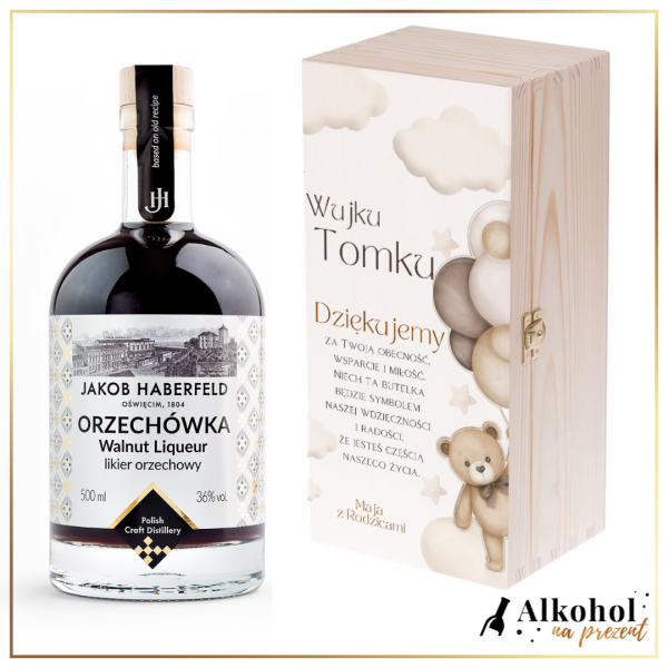 DZIĘKUJEMY WUJKU LIKIER JAKOB HABERFELD ORZECHÓWKA W SKRZYNCE Z NADRUKIEM - PREZENT DLA CHRZESTNEGO