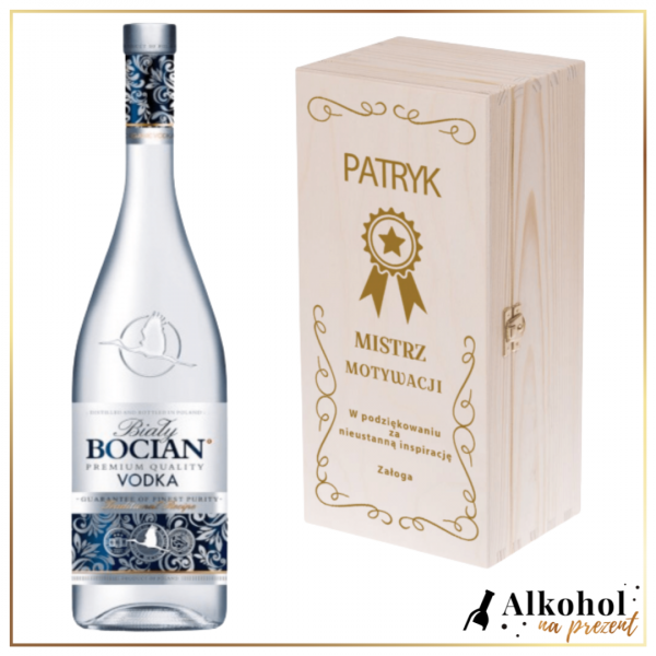 MISTRZ MOTYWACJI BOCIAN BIAŁY W SKRZYNCE Z NADRUKIEM - PREZENT DLA SZEFA