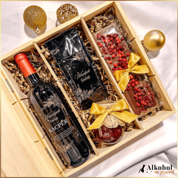 ZŁOTE ŚWIĘTA ZESTAW WINO CZERWONE Z KONFITURĄ I CZEKOLADĄ W SKRZYNCE - PREZENT NA BOŻE NARODZENIE