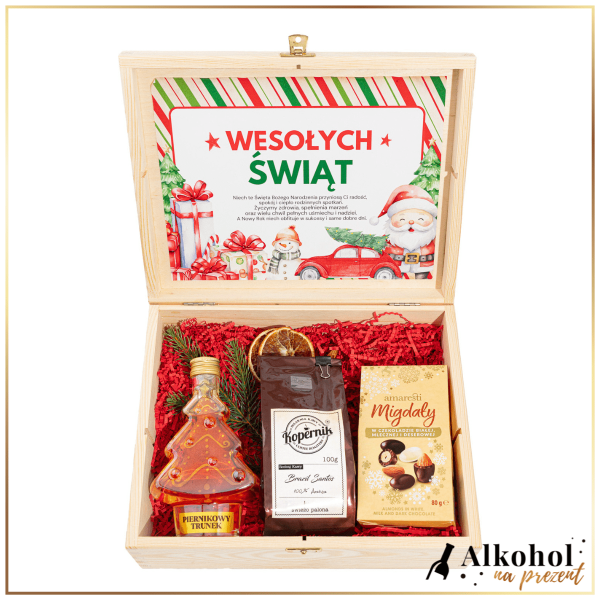 ŚWIĄTECZNY ZESTAW LIKIER PIERNIKOWY TRUNEK CHOINKA W SKRZYNCE ŻYCZENIAMI - ZESTAW NA BOŻE NARODZENIE