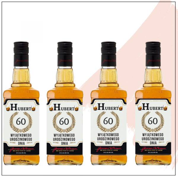 Zestaw butelek whisky Jim Beam White 0,2l zapakowane na prezent z personalizowanymi urodzinowymi etykietami.