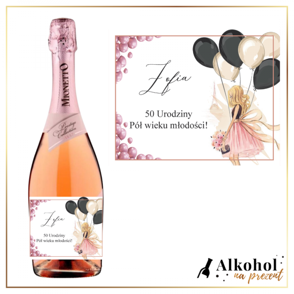 DZIEWCZYNA Z BALONAMI 50 URODZINY PROSECCO MIONETTO ROSE - PREZENT NA 50 URODZINY